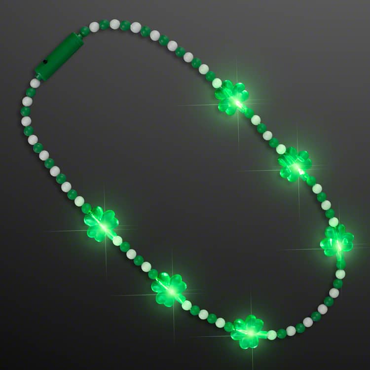 Pretty Light Up Shamrock Bead Necklace (Pack of 12) light up shamrock necklace, shamrock bead necklace, St. Patrick’s Day LED necklace, flashing shamrock beads, green and white bead necklace, AG13 battery necklace, St. Paddy’s Day accessories, Party Express shamrock necklace, pack of 12 LED necklaces