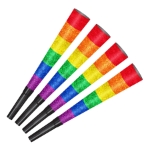 Pride Horns (Pack of 48) pride horns, rainbow party horns, glitter pride noisemakers, 9 inch pride horns, LGBTQ parade supplies, pride party favors, rainbow glitter horns, Party Express pride decorations
