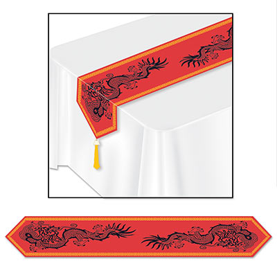 Red table runner with gold boarder and two black dragon prints on each side.