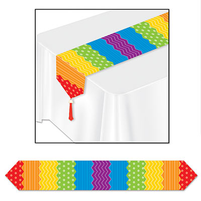 Table runner with rainbow printed pattern.
