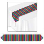 Table runner with fiesta colored strips of blue, green, orange and pink.