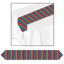 Table runner with fiesta colored strips of blue, green, orange and pink.
