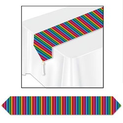 Table runner with fiesta colored strips of blue, green, orange and pink.