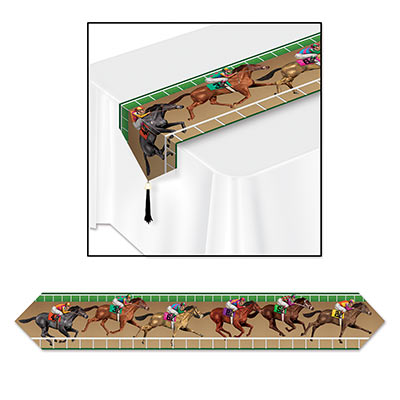 Table runner with a printed race track with race horses. 