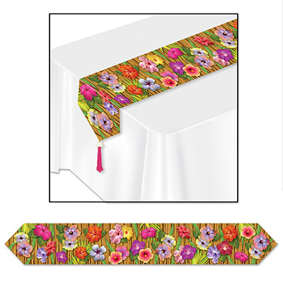 Printed Luau Table Runner with a flower look of bright colors.