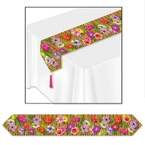 Printed Luau Table Runner with a flower look of bright colors.