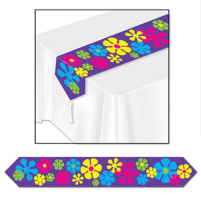 Printed Retro Flowers Table Runner with a purple background and bright colored flowers.