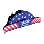 Printed Semiquin Tricorn Hats (Pack of 24) semiquin tricorn hat, patriotic tricorn hat, red white blue hat, 250 patriotic hat, stars and stripes tricorn, printed cardboard colonial hat, patriotic party accessories