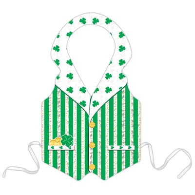 Plastic white vest with green stripes, shamrocks and gold coins.