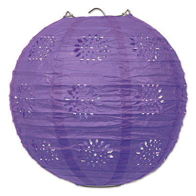 Lace patterned paper lantern that is purple in color.