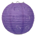 Lace patterned paper lantern that is purple in color.