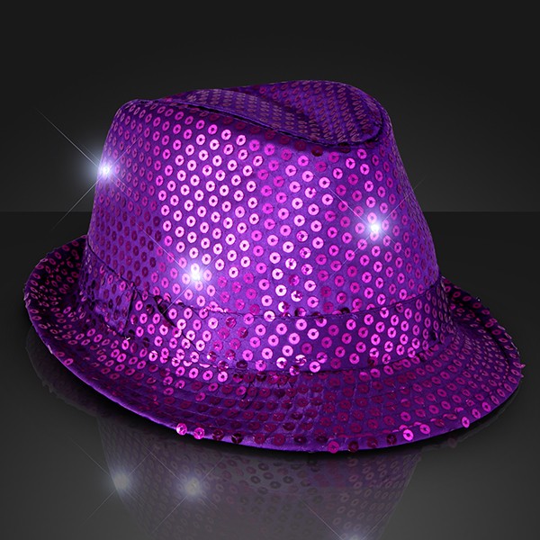 Purple Light Up Fedoras (Pack of 6) Purple, Party Hats, Fedoras, Hats, Glow in the Dark, Light up, Sequined Fedoras, New Years Eve, Mardi Gras, Wholesale party supplies, Bulk packs, Inexpensive party favors