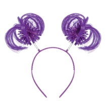 Purple Ponytail Boppers (Pack of 12) purple ponytail boppers, synthetic hair boppers, metallic fringe boppers, snap-on headband boppers, party headbands, spirit day accessories, cheer accessories, purple costume accessories, bulk party favors, Party Express boppers