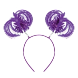 Purple Ponytail Boppers (Pack of 12) purple ponytail boppers, synthetic hair boppers, metallic fringe boppers, snap-on headband boppers, party headbands, spirit day accessories, cheer accessories, purple costume accessories, bulk party favors, Party Express boppers