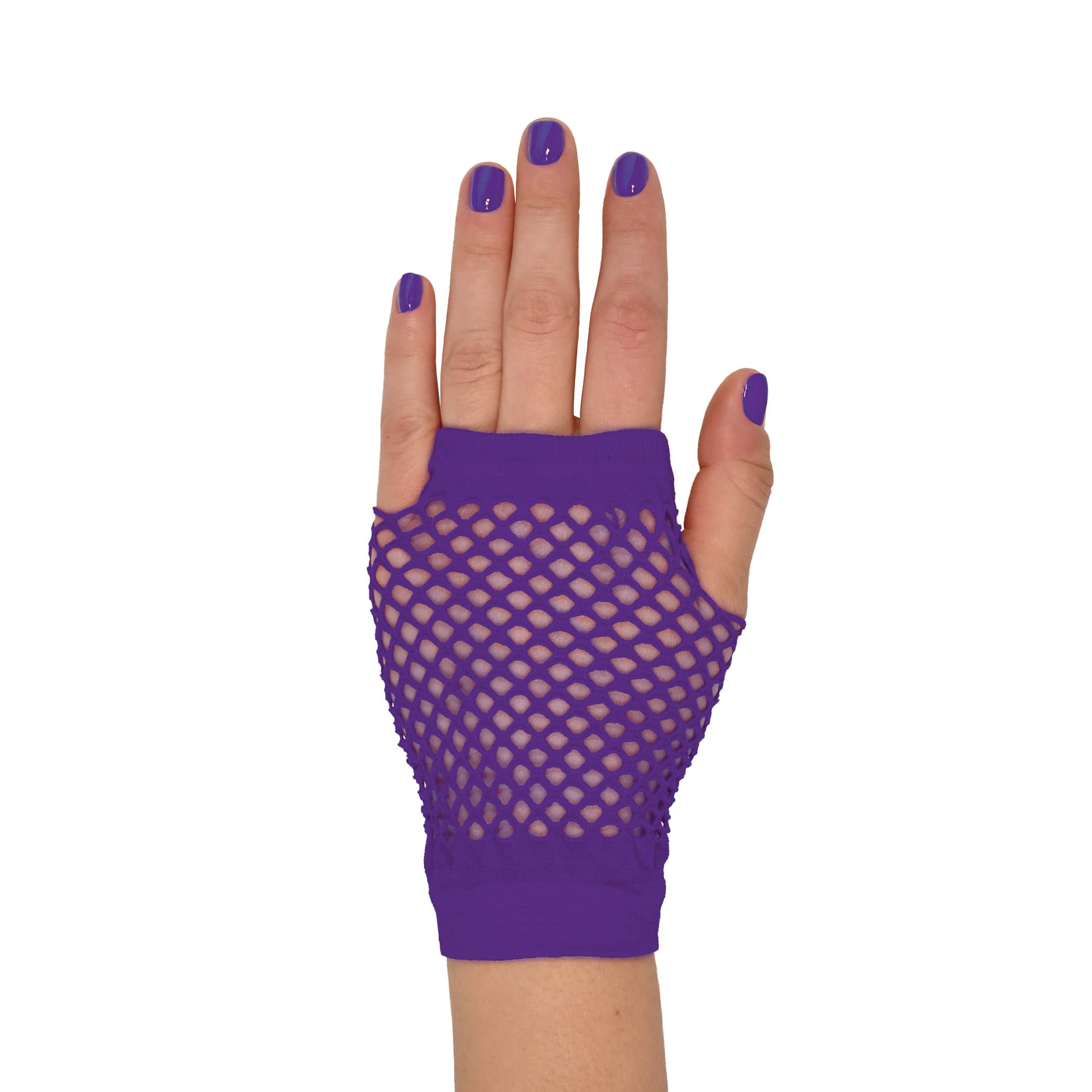 Purple Short Fishnet Gloves (Pack of 12 Pairs) purple fishnet gloves, short fishnet gloves, 4 inch gloves, polyester fishnet gloves, 80s costume accessories, retro gloves, dance gloves, one size fits most gloves, Party Express gloves, pack of 12 gloves