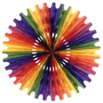 Rainbow Tissue Fan (Pack of 12) rainbow tissue fan, 25 inch tissue fan, rainbow party decorations, colorful tissue paper fan, hanging party décor, Party Express tissue fan, rainbow wall décor, event backdrop decorations