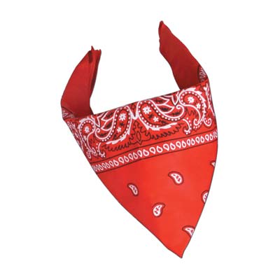 Traditional red bandana with white and black print.