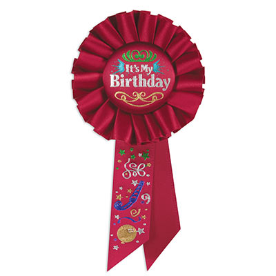 It's My Birthday Red Rosette with multi colored metallic lettering and designs 