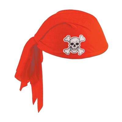 Red pirate hat with white skull and bone printed on including a scarf attached. 