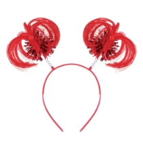 Red Ponytail Boppers (Pack of 12) red ponytail boppers, synthetic hair boppers, metallic fringe boppers, snap-on headband boppers, party headbands, spirit day accessories, cheer accessories, red costume accessories, bulk party favors, Party Express boppers