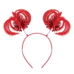Red Ponytail Boppers (Pack of 12) red ponytail boppers, synthetic hair boppers, metallic fringe boppers, snap-on headband boppers, party headbands, spirit day accessories, cheer accessories, red costume accessories, bulk party favors, Party Express boppers