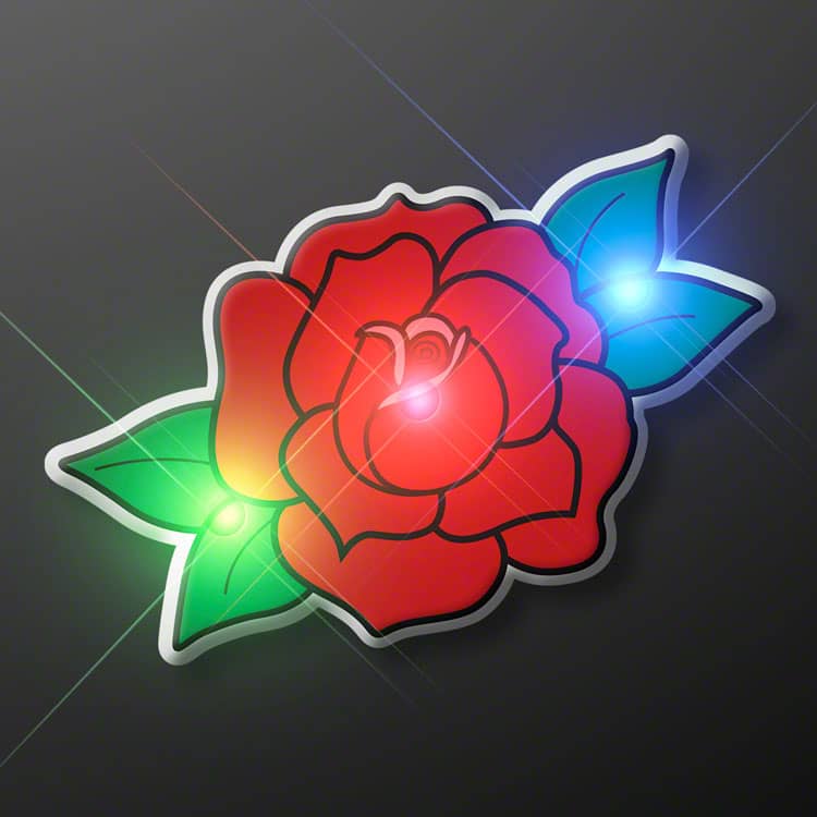 Red Rose LED Body Light Pins (Pack of 12) red rose LED pin, light up rose pin, LED body light pins, glowing rose accessory, Valentine’s Day LED pins, CR927 battery pins, romantic light up favors, Party Express rose pins