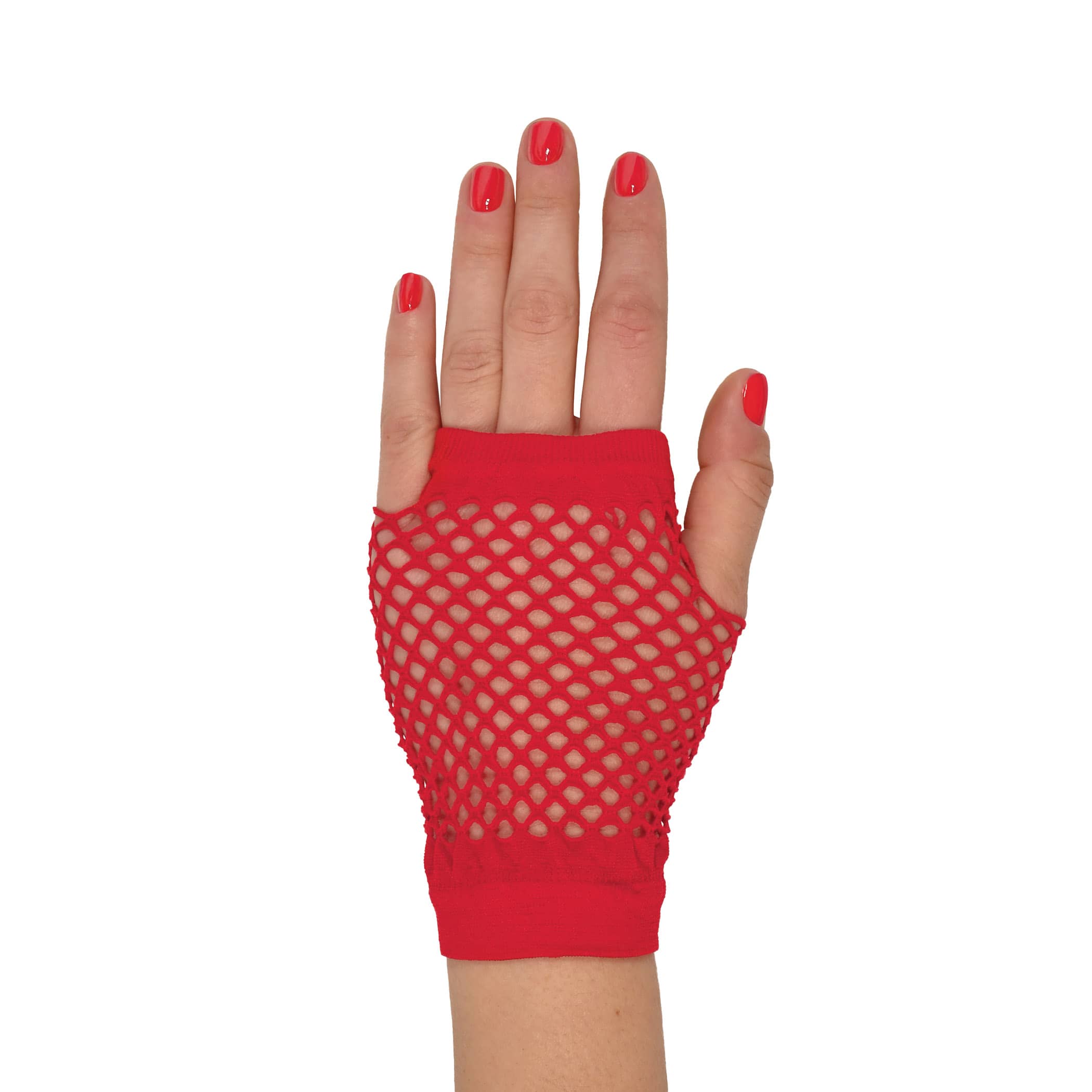 Red Short Fishnet Gloves (Pack of 12 Pairs) red fishnet gloves, short fishnet gloves, 4 inch gloves, polyester fishnet gloves, 80s costume accessories, retro gloves, dance gloves, one size fits most gloves, Party Express gloves, pack of 12 gloves