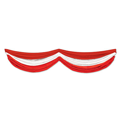 Fabric material bunting with a stripe of red, white and then another red.