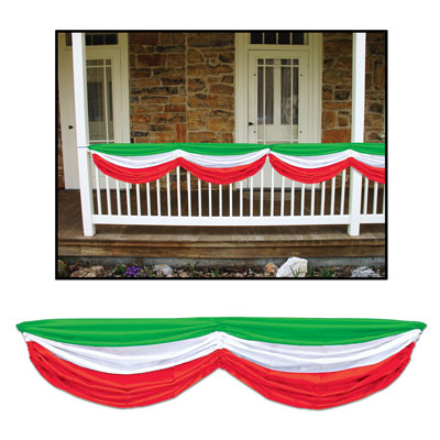 Fabric material bunting with a stripe of green, white and red.