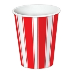 Paper cups printed with red and white stripes to replicate the carnival stripes.