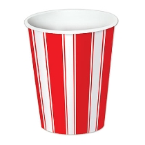Paper cups printed with red and white stripes to replicate the carnival stripes.