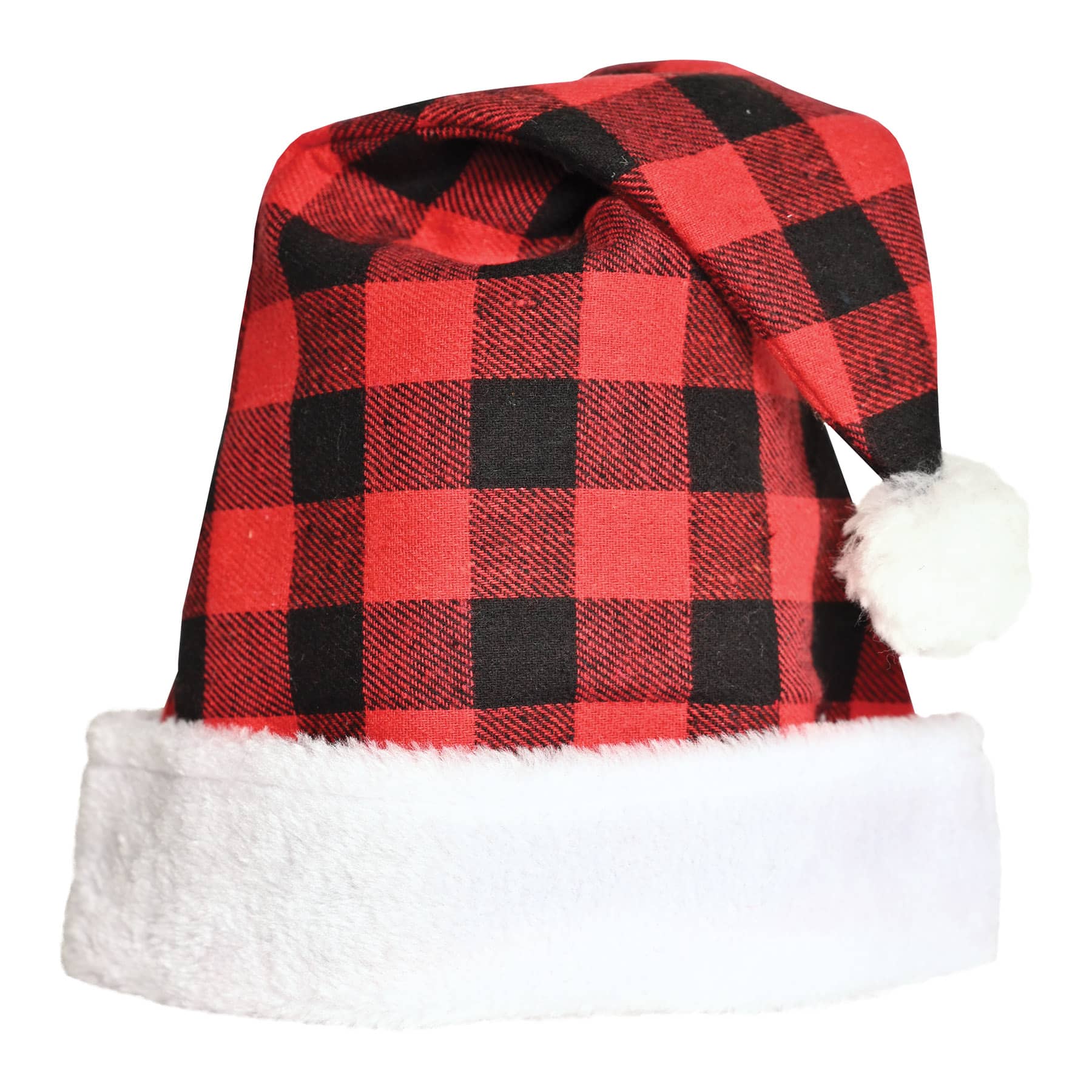 A traditional Santa hat made felt red and black plaid material with white plush trim.