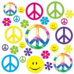 Retro 60's Cutouts of peace signs, smiley faces and flowers.