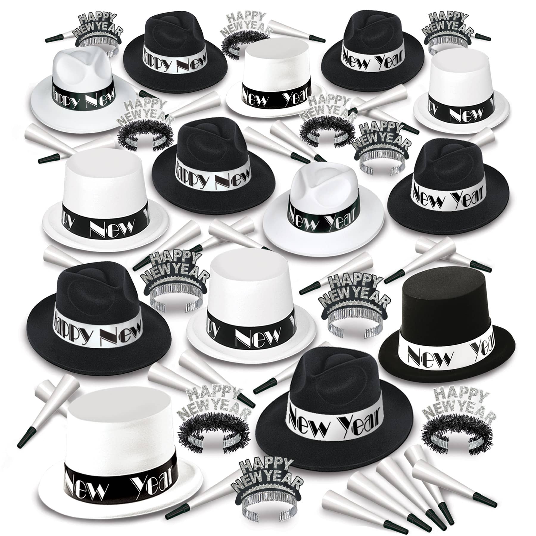 Black and White Top Hats and Fedoras with horns and tiara for a party of 100