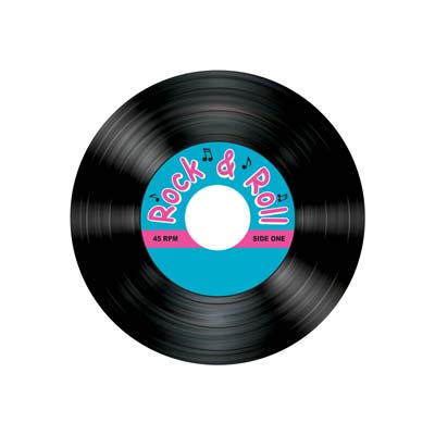 Rock & Roll Record Coasters with a blue record label and cut in a round shape to replicate.