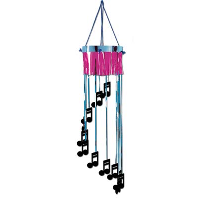 Rock & Roll Shimmering Spiral shaped like a chandelier with black music notes attached.