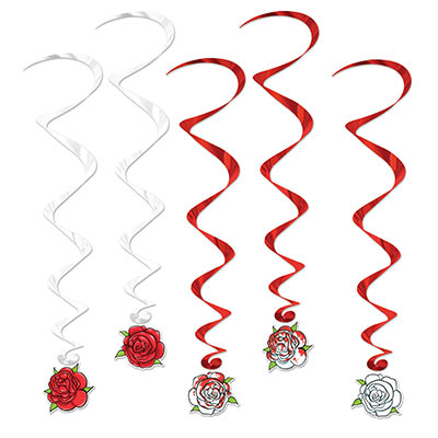 White and red metallic whirls with rose icons attached.