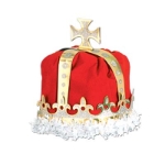 Red Royal King's Crown with a gold cross at the top and white fringe around the bottom