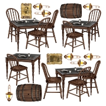 Saloon Table Props of items found in a saloon printed on thin plastic material.