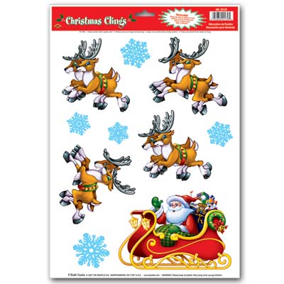 Santa Sleigh, Reindeer and Snowflake Cling Decorations