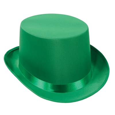 Green top hat that is made of a satin material.