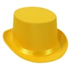Yellow top hat that is made of a satin material.