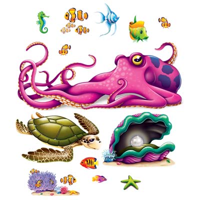 Sea Creature Props of an octopus, sea turtle, seahorse and more on thin plastic material.