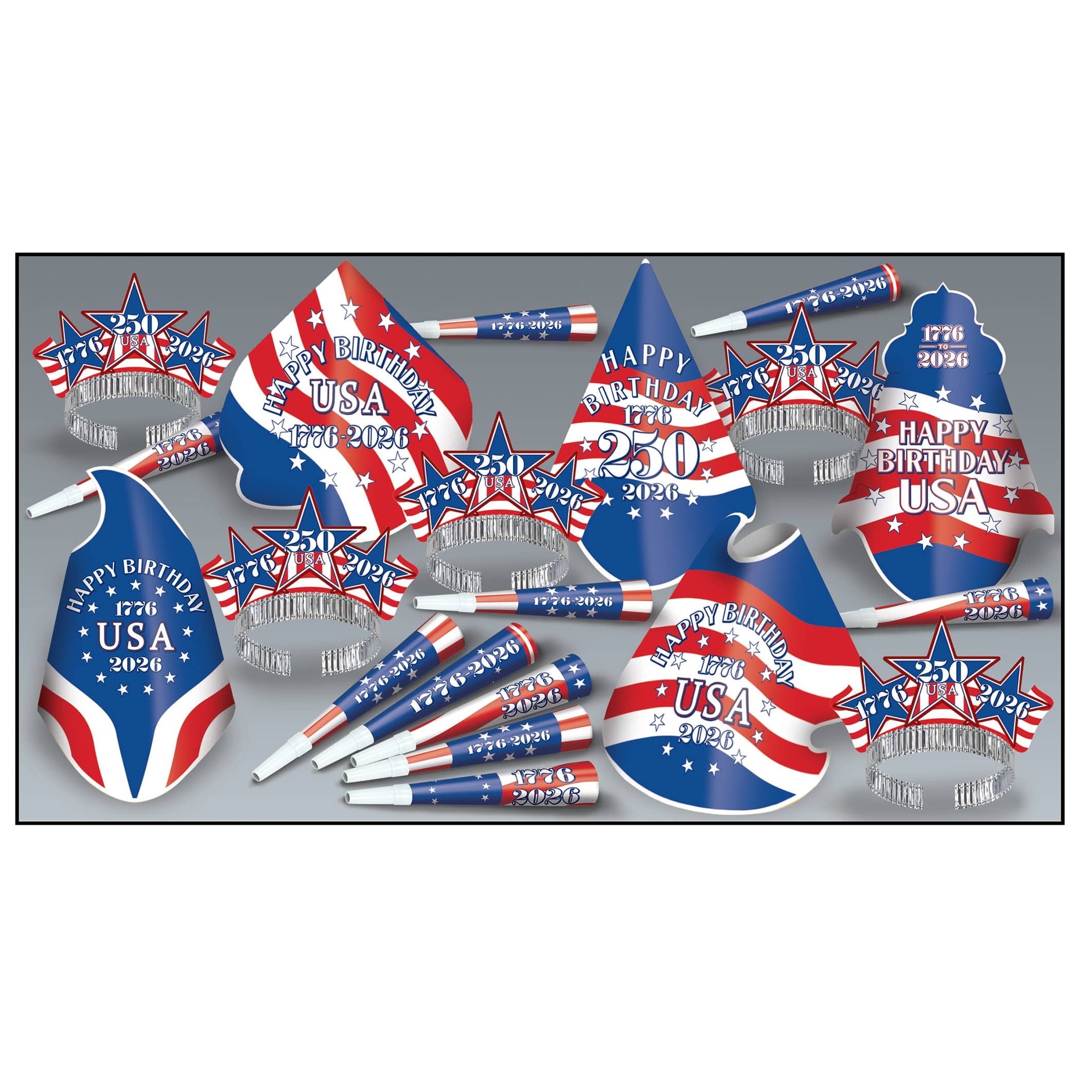 patriotic party kit that has red, white, and blue hats with american flags on them along with horns and tiaras