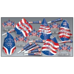 patriotic party kit that has red, white, and blue hats with american flags on them along with horns and tiaras