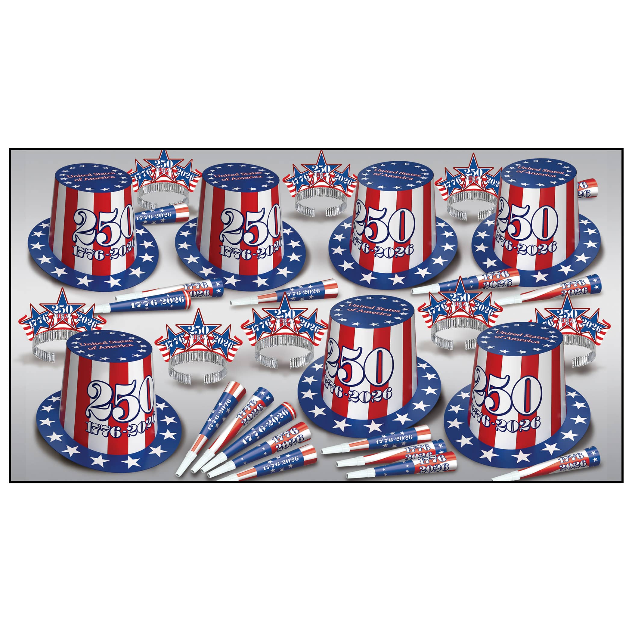 patriotic party kit that has red, white, and blue hats with american flags on them along with horns and tiaras