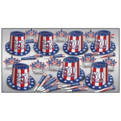 patriotic party kit that has red, white, and blue hats with american flags on them along with horns and tiaras