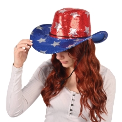 Sequined Patriotic Cowboy Hat (Pack of 6) patriotic cowboy hat, sequined red silver blue hat, Fourth of July accessories, patriotic party wear, adjustable chin strap cowboy hat, USA themed hat, parade costume accessories, Party Express patriotic hat
