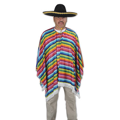 Serape made of fabric material with stripes of assorted colors.