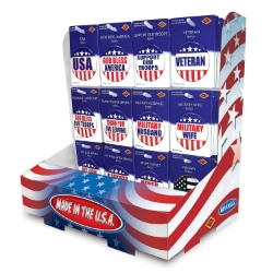Service Appreciation Counter Display (Pack of 1) service appreciation display, patriotic button assortment, military support buttons, veteran buttons, support our troops buttons, USA buttons, military family buttons, never forget buttons, patriotic event supplies, Party Express patriotic display